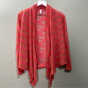 Hype Coral Pink‎ Gold Cardigan Lace Back Open Front Stripes Floral size medium